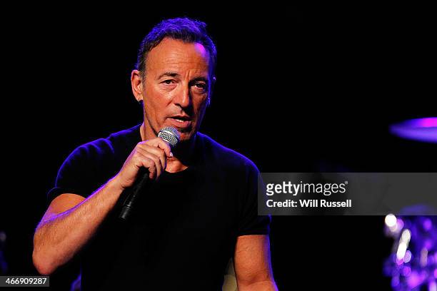 Bruce Springsteen performs at a sound check before speaking to media during a press conference at Perth Arena on February 5, 2014 in Perth,...