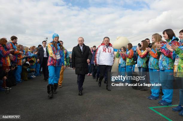 Olympic Village Mayor Elena Isinbaeva, Russian President Vladimir Putin and Russian Minister of Sport, Tourism and Youth policy Vitaly Mutko visit...