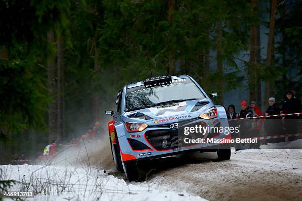 Juho Hanninen of Finland and Tomi Tuominen of Finland compete in their Hyundai Motorsport Hyundai i20 WRC during the Shakedown of the WRC Sweden on...