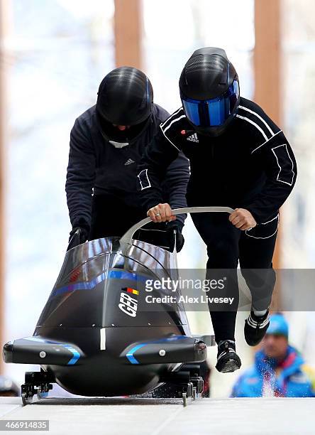 Stephanie Schneider and Anja Schneiderheinze of Germany practise a bobsleigh run ahead of the Sochi 2014 Winter Olympics at the Sanki Sliding Center...