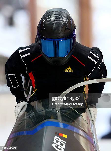 Cathleen Martini and Christin Senkel of Germany practise a bobsleigh run ahead of the Sochi 2014 Winter Olympics at the Sanki Sliding Center on...