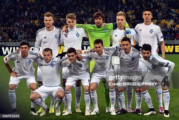 Dynamo Kiev's players pose for a group picture ahead of the UEFA Europa League round of 16 football match between Dynamo Kiev and Everton in Kiev on...