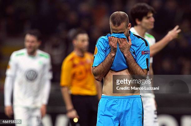 Rodrigo Palacio of FC Internazionale Milano reacts to a missed chance during the UEFA Europa League Round of 16 match between FC Internazionale...