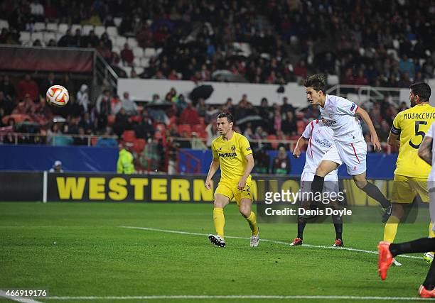 Denis Suarez of FC Sevilla scores his team's 2nd goal during the UEFA Europa League Round of 16, Second Leg match between FC Sevilla and Villarreal...