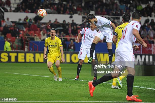 Denis Suarez of FC Sevilla scores his team's 2nd goal during the UEFA Europa League Round of 16, Second Leg match between FC Sevilla and Villarreal...