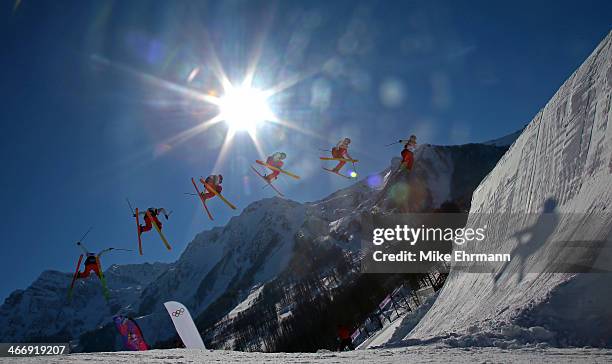 Julia Krass of the United States practices during training for Ski Slopestyle at the Extreme Park at Rosa Khutor Mountain on February 5, 2014 in...