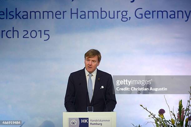 King Willem-Alexander of The Netherlands attends a renewable energy exhibition at chamber of commerce on March 19, 2015 in Hamburg, Germany.