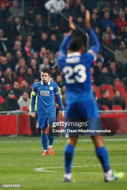 Yevhen Konoplyanka of Dnipro is congratulated by teammate Douglas Bacelar of Dnipro after scoring his team's second goal during the UEFA Europa...