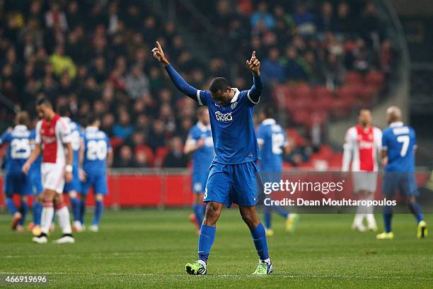 Douglas Bacelar of Dnipro celebrates after teammate Yevhen Konoplyanka of Dnipro scored his team's second goal during the UEFA Europa League Round of...