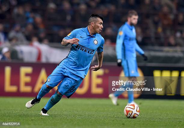 Gary Medel of FC Internazionale in action during the UEFA Europa League Round of 16 match between FC Internazionale Milano and VfL Wolfsburg at...