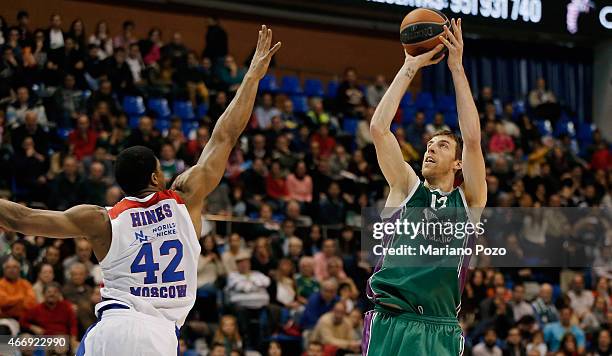 Fran Vazquez, #17 of Unicaja Malaga in action during the Turkish Airlines Euroleague Basketball Top 16 Date 11 game between Unicaja Malaga v CSKA...