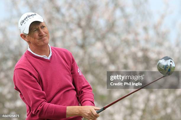 Andrew Murray of England watches his drive from the 10th tee during the third round of the European Senior Tour Qualifying School Finals played at...