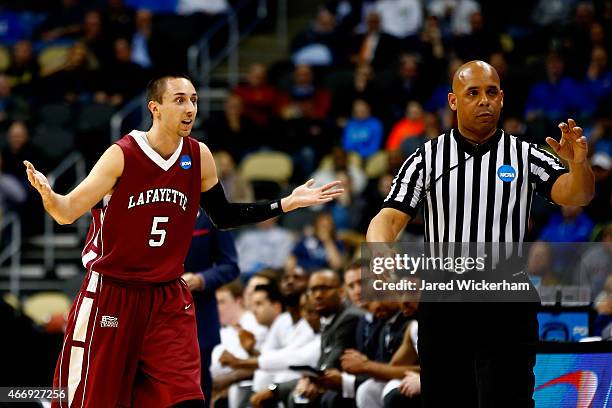 Joey Ptasinski of the Lafayette Leopards reacts to a call in the first half against the Villanova Wildcats during the second round of the 2015 NCAA...