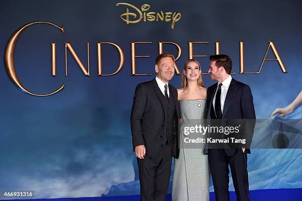 Kenneth Branagh, Lily James and Richard Madden attend the UK Premiere of "Cinderella" at Odeon Leicester Square on March 19, 2015 in London, England.