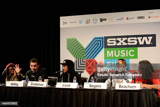 DeM atlaS, sean daley, Evidence, Jason Cook, Brent Sayers and Kevin Beacham speak onstage at Rhymesayers 20th Anniversary during the 2015 SXSW Music,...