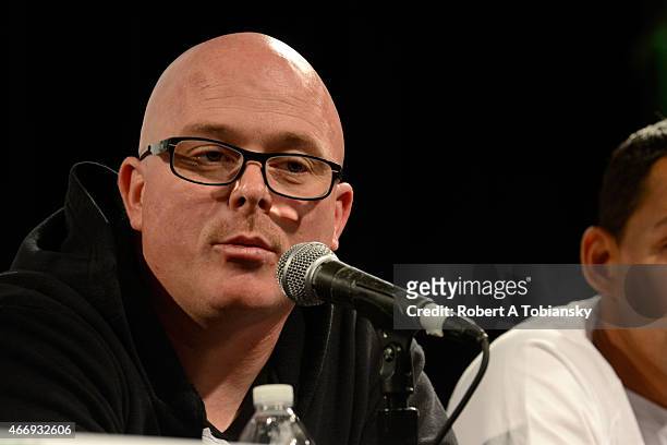 Jason Cook speaks onstage at Rhymesayers 20th Anniversary during the 2015 SXSW Music, Film + Interactive Festival at Austin Convention Center on...