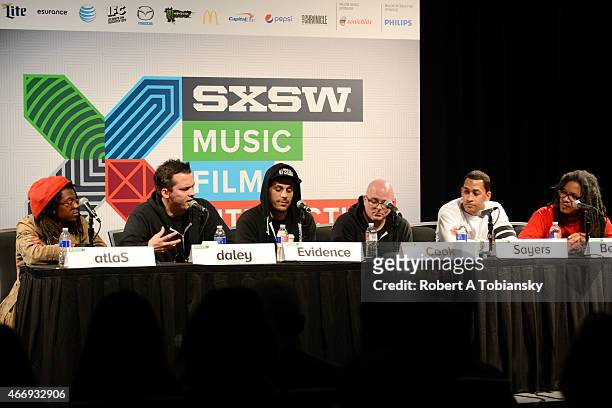 DeM atlaS, sean daley, Evidence, Jason Cook, Brent Sayers and Kevin Beacham speak onstage at Rhymesayers 20th Anniversary during the 2015 SXSW Music,...