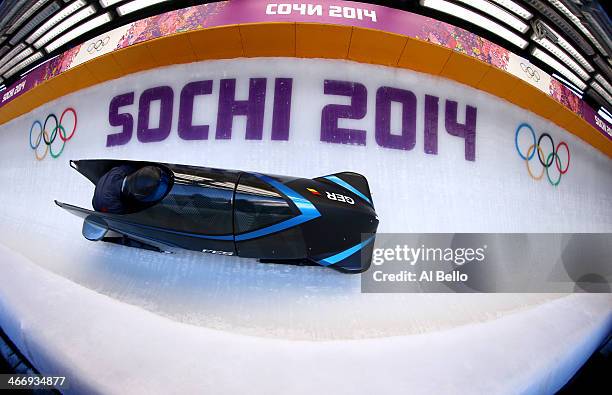 Stephanie Schneider and Anja Schneiderheinze of Germany practise a bobsleigh run ahead of the Sochi 2014 Winter Olympics at the Sanki Sliding Center...