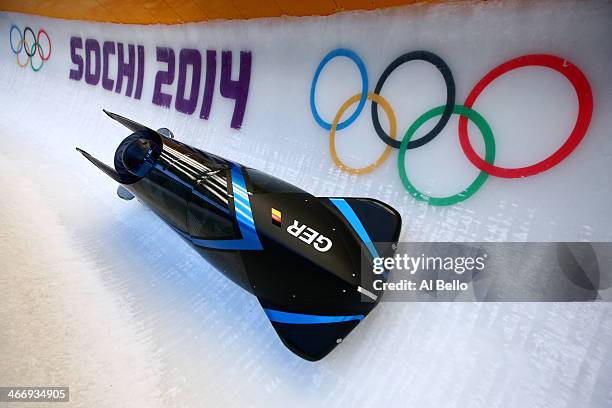 Stephanie Schneider and Anja Schneiderheinze of Germany practise a bobsleigh run ahead of the Sochi 2014 Winter Olympics at the Sanki Sliding Center...