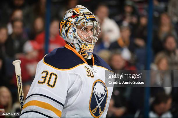 Goaltender Ryan Miller of the Buffalo Sabres defends the net against the Columbus Blue Jackets on January 25, 2014 at Nationwide Arena in Columbus,...