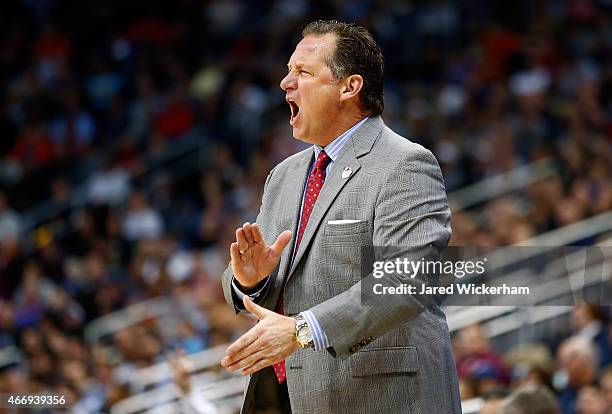 Head coach Mark Gottfried of the North Carolina State Wolfpack reacts against the LSU Tigers in the first half during the second round of the 2015...
