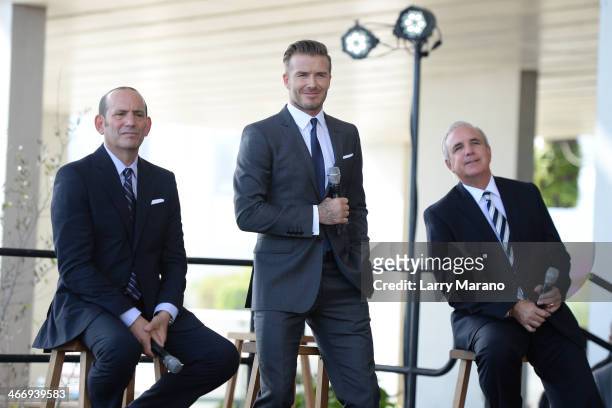 Commissioner Don Garber, David Beckham and Mayor Carlos Gimenez attend a press conference to announce their plans to launch a new Major League Soccer...