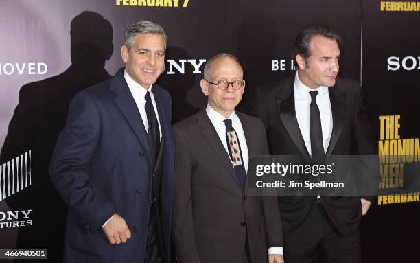 Actor/director George Clooney, actors Bob Balaban and Jean Dujardin attend the "Monument Men" premiere at Ziegfeld Theater on February 4, 2014 in New...