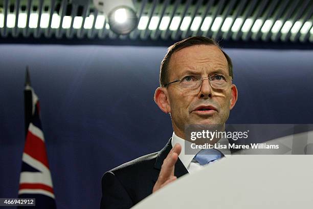 Australian Prime Minister Tony Abbott addresses media following the death of Prime Minister Malcolm Fraser on March 20, 2015 in Sydney, Australia....