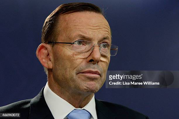 Australian Prime Minister Tony Abbott addresses media following the death of Prime Minister Malcolm Fraser on March 20, 2015 in Sydney, Australia....