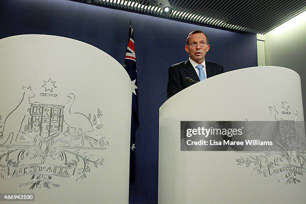 Australian Prime Minister Tony Abbott addresses media following the death of Prime Minister Malcolm Fraser on March 20, 2015 in Sydney, Australia....