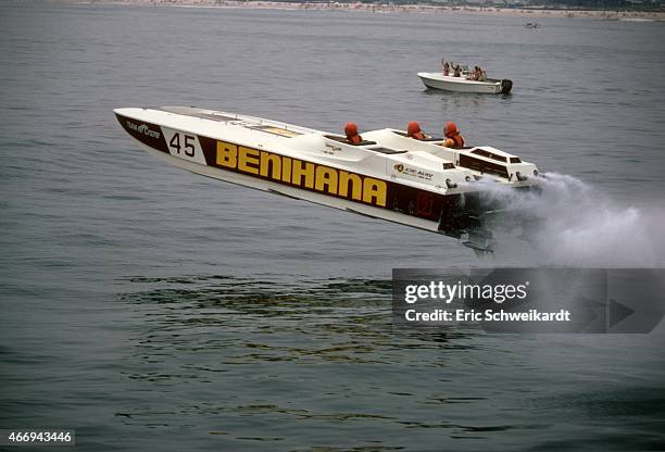 Benihana Grand Prix: Benihana team navigator Mike Nebus, captain Rocky Aoki, and Howard Quam in action during race. Point Pleasant Beach, NJ...