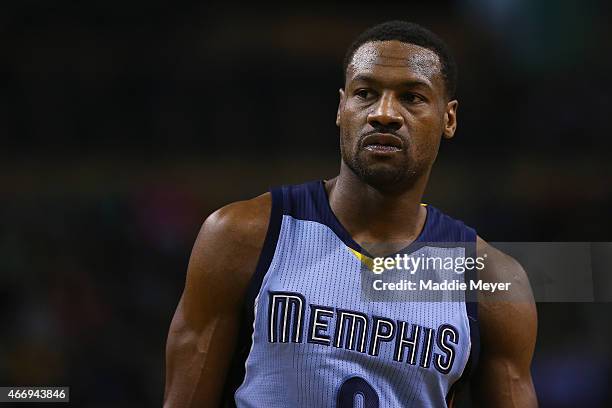 Tony Allen of the Memphis Grizzlies looks on during the third quarter against the Boston Celtics at TD Garden on March 11, 2015 in Boston,...