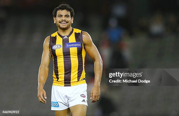 Cyril Rioli of the Hawks reacts after their win during the NAB Challenge AFL match between St Kilda Saints and Hawthorn Hawks at Etihad Stadium on...