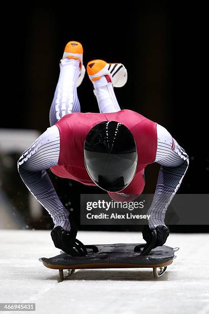 Tomass Dukurs of Latvia makes a practice skeleton run ahead of the Sochi 2014 Winter Olympics at the Sanki Sliding Center on February 5, 2014 in...