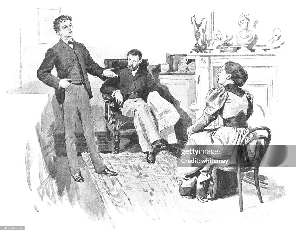 Victorian boy talking to his parents
