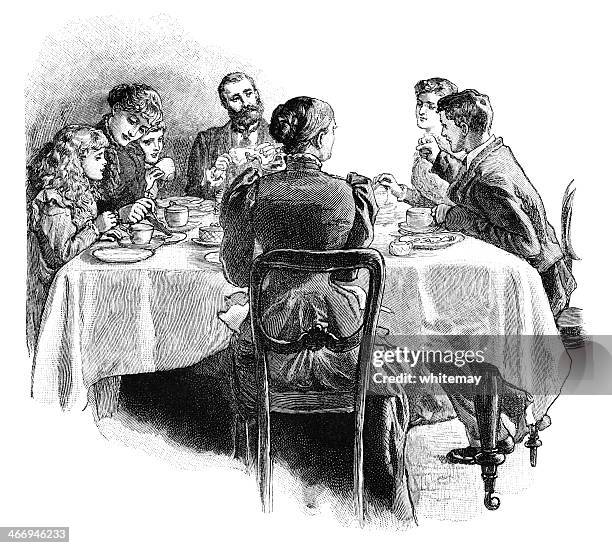 stockillustraties, clipart, cartoons en iconen met victorian family around the tea table - afternoon tea