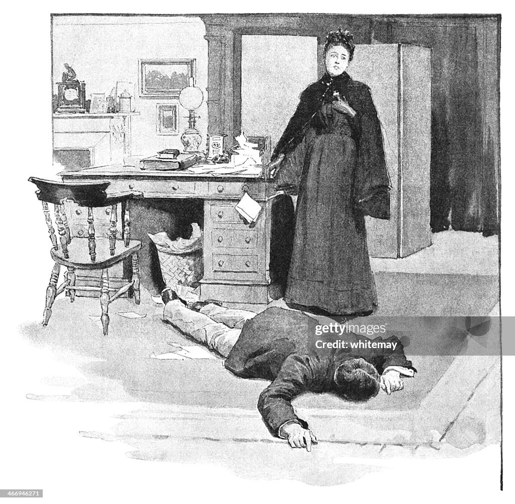 Shocked Victorian woman finding a man on the floor
