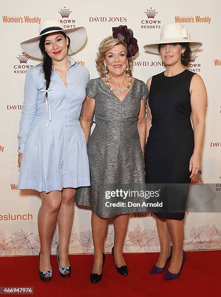 Francesca Barham, Ros Packer and Gretel Packer pose at the Crown's Autumn Ladies Lunch at David Jones Elizabeth Street Store on March 20, 2015 in...