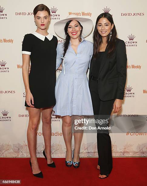 Montana Cox,Francesca Barham and Jessica Gomes pose at the Crown's Autumn Ladies Lunch at David Jones Elizabeth Street Store on March 20, 2015 in...