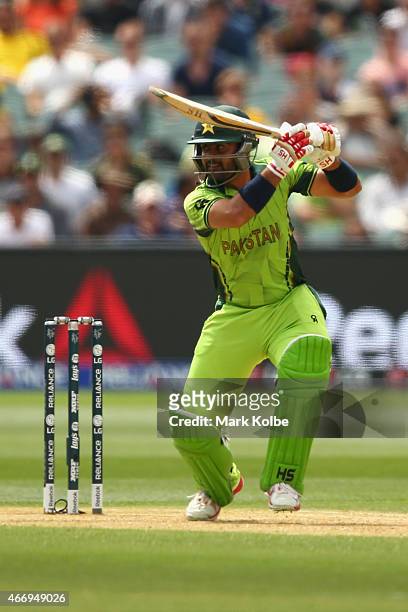 Ahmed Shehzad of Pakistan bats during the 2015 ICC Cricket World Cup match between Australian and Pakistan at Adelaide Oval on March 20, 2015 in...