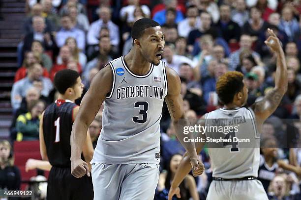 Mikael Hopkins of the Georgetown Hoyas celebrates after a three point basket in the second half against the Eastern Washington Eagles during the...