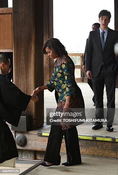 First Lady Michelle Obama and and Jack Schlossberg , the son of US Ambassador to Japan Caroline Kennedy, visit the Kiyomizu-dera temple in Kyoto on...