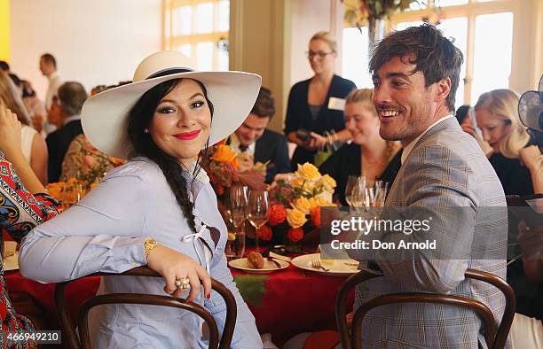 Francesca Barham and Josh Mullane pose at the Crown's Autumn Ladies Lunch at David Jones Elizabeth Street Store on March 20, 2015 in Sydney,...