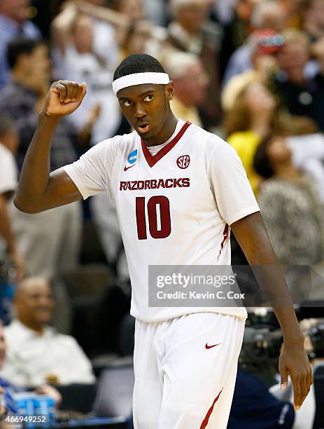 Bobby Portis of the Arkansas Razorbacks reacts after defeating the Wofford Terriers 56-53 during the second round of the 2015 NCAA Men's Basketball...