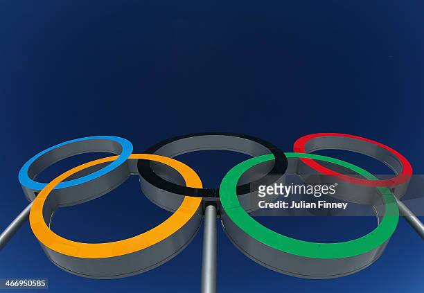 The Olympic rings are seen ahead of the Sochi 2014 Winter Olympics at the Laura Cross-Country Ski and Biathlon Center on February 5, 2014 in Sochi,...