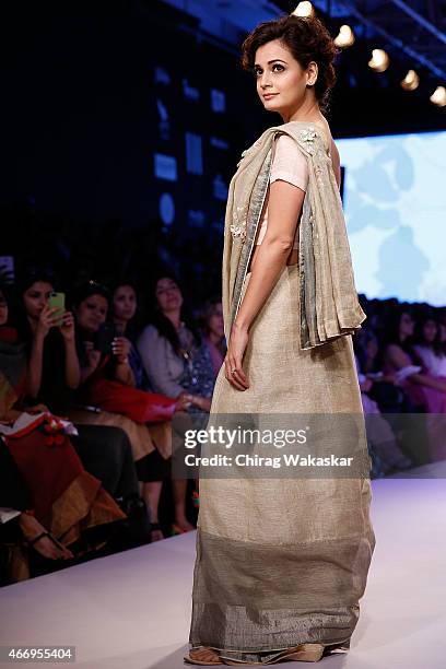 Dia Mirza walks the runway during the Anavila show on day 2 as part of Lakme Fashion Week Summer/Resort 2015 at Palladium Hotel on March 19, 2015 in...