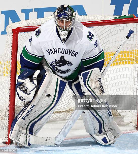 Joacim Eriksson of the Vancouver Canucks stands in goal during the game against the Anaheim Ducks on January 15, 2014 at Honda Center in Anaheim,...