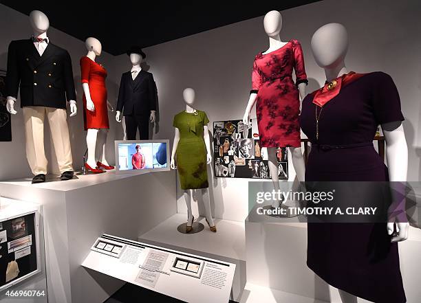 With AFP Story by Jennie MATTHEW: Entertainment-US-television-MadMen-museum,FOCUS Some outfits worn on the show, part of Matthew Weiner's "Mad Men"...