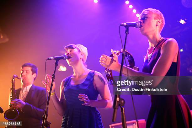 Singers perform onstage with Leon Bridges at the Hype/Gorilla vs. Bear showcase during the 2015 SXSW Music, Film + Interactive Festivale at Hype...