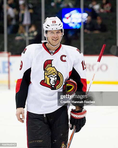 Jason Spezza of the Ottawa Senators looks on after a win of the game against the Minnesota Wild on January 14, 2014 at Xcel Energy Center in St Paul,...